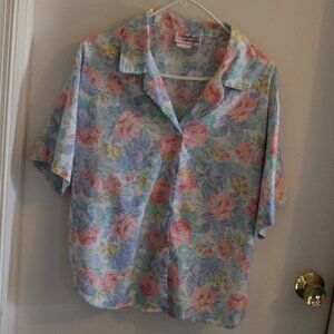 Vintage Land N Sea Floral Blouse White Blue Pink Short Sleeve Button up